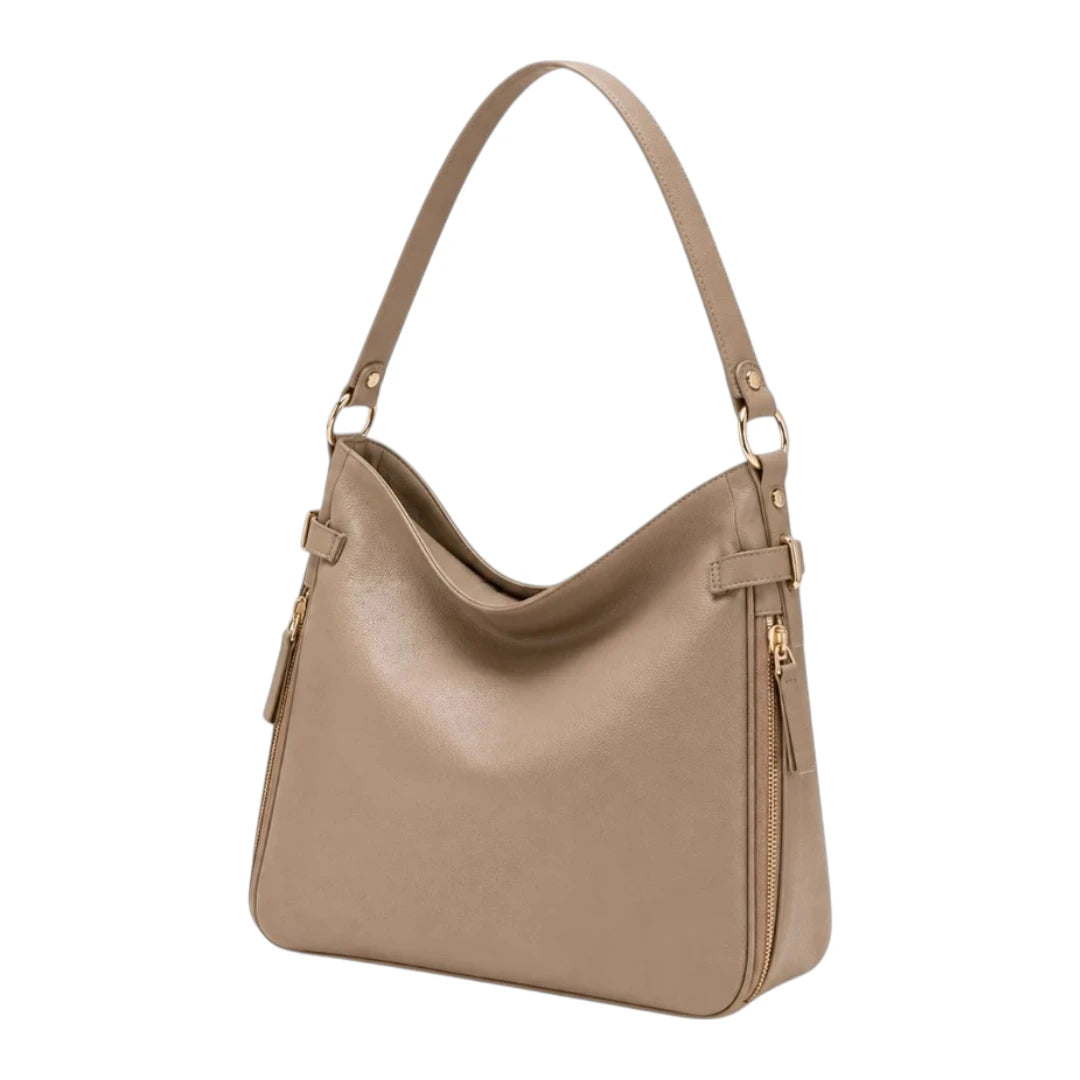 Bagvera Premium Taupe Leather Shoulder Handbag Elegant Minimalist Everyday Bag